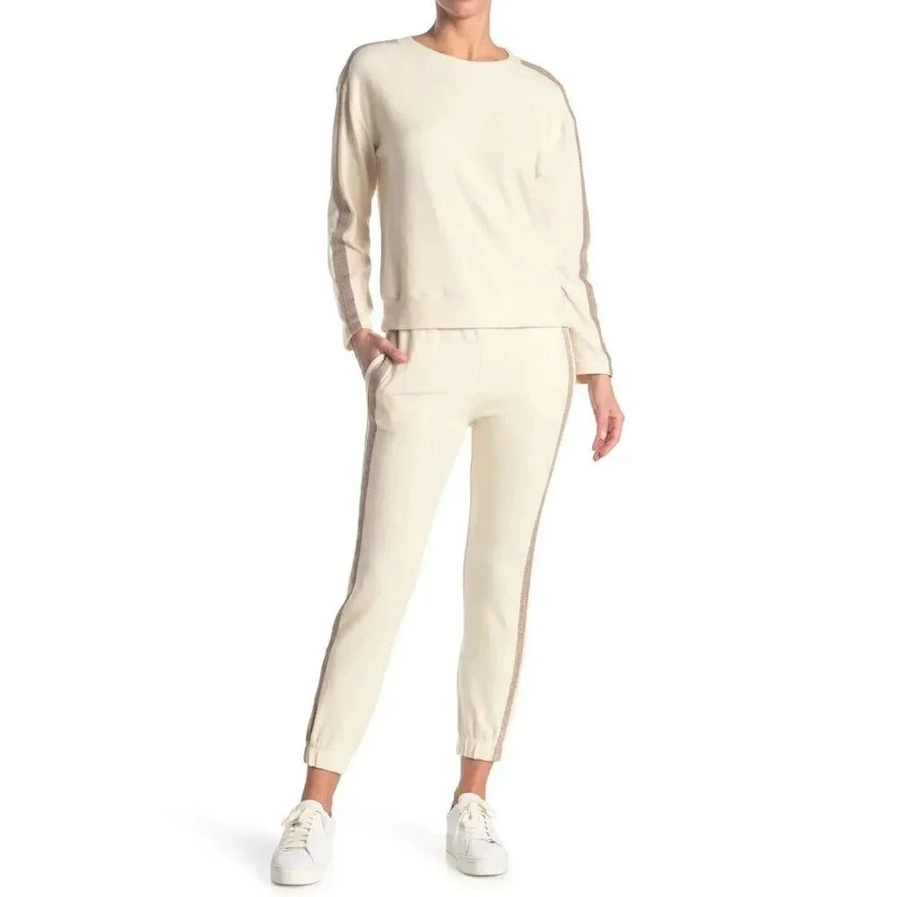 PHILOSOPHY Women's Lurex Stripe Knit Sweatshirt In Natural‎ Sand Size L NWT